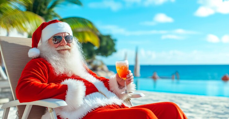 Papá Noel se sienta en una silla de playa en una playa tropical sosteniendo un cóctel y relajándose bajo el cálido sol Generativo Ai