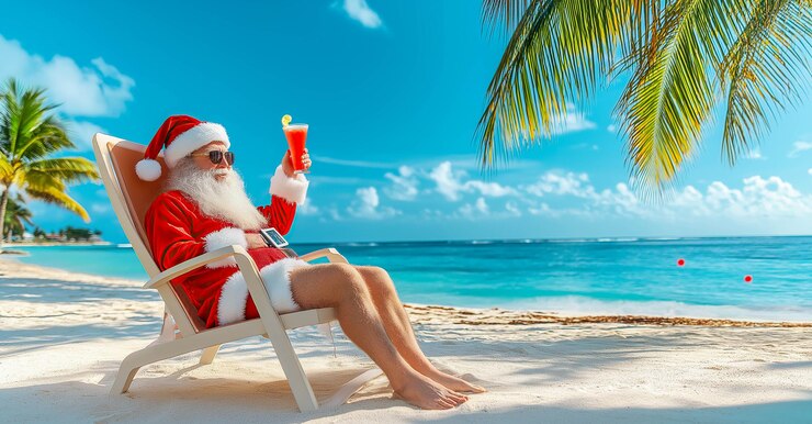 Papá Noel se sienta en una silla de playa en una playa tropical sosteniendo un cóctel y relajándose bajo el cálido sol Generativo Ai