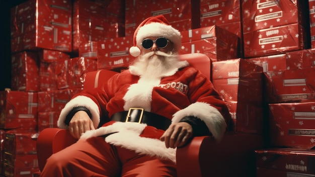 Papá Noel se sienta en una silla con regalos Feliz Navidad