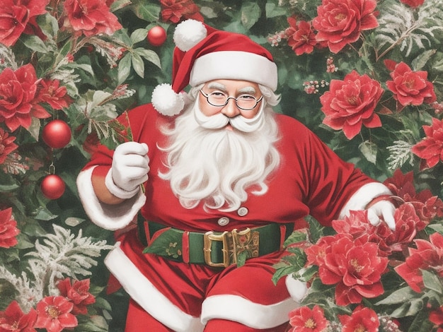 Papá Noel sobre fondo floral