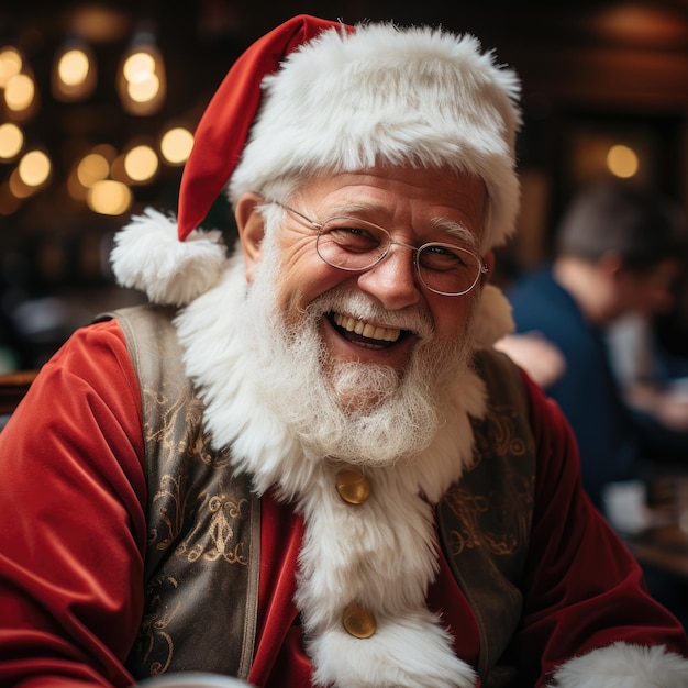 un Papá Noel sonríe y lleva un gorro de Papá Noel.