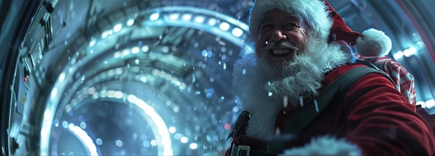 Papá Noel sonriendo en un túnel futurista que mezcla imágenes tradicionales de vacaciones