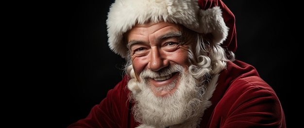 Papá Noel sonriente con traje rojo y sombrero, pancarta de tarjeta de felicitación para Navidad y Año Nuevo