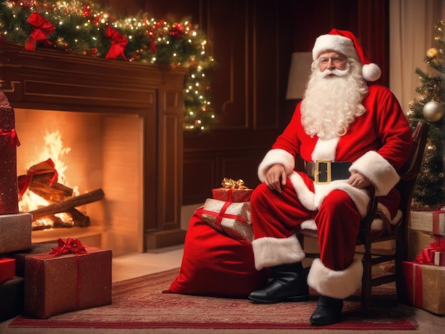 Papá Noel sorprendido en una hermosa habitación junto a la chimenea y el árbol de Navidad