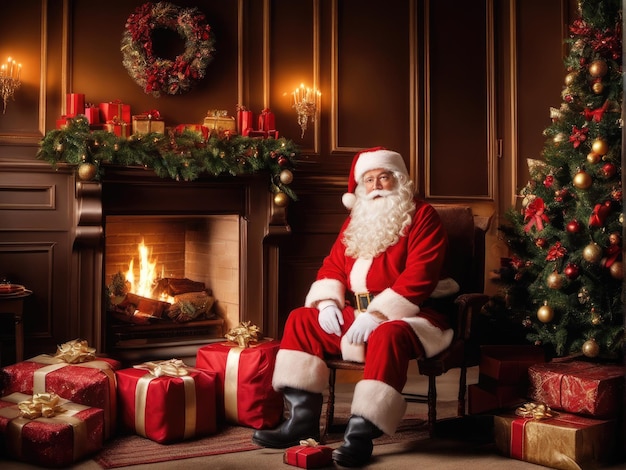 Papá Noel sorprendido en una hermosa habitación junto a la chimenea y el árbol de Navidad