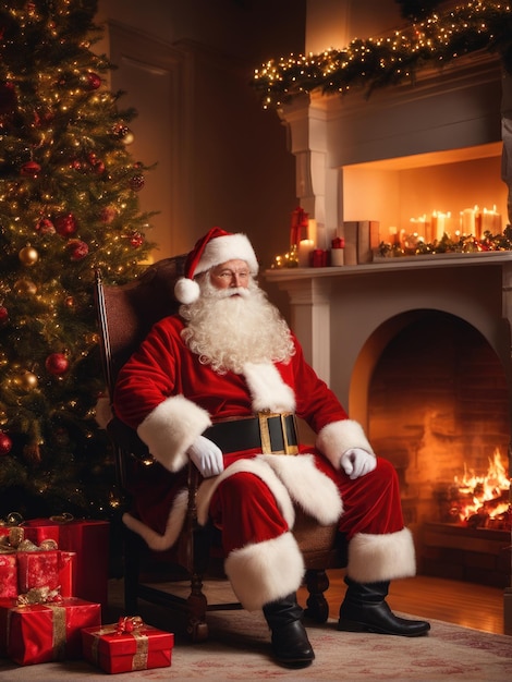 Papá Noel sorprendido en una hermosa habitación junto a la chimenea y el árbol de Navidad