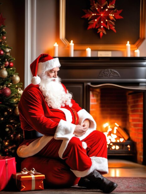 Papá Noel sorprendido en una hermosa habitación junto a la chimenea y el árbol de Navidad