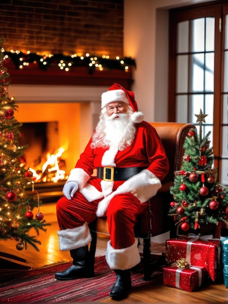 Papá Noel sorprendido en una hermosa habitación junto a la chimenea y el árbol de Navidad