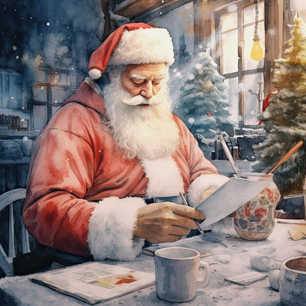 Papá Noel sosteniendo una carta en una mesa de madera y un árbol de Navidad y una taza de té caliente Arte generativo de IA