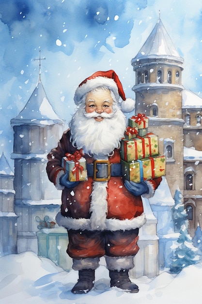 Papá Noel sosteniendo regalos para Navidad al aire libre Ilustración acuarela para impresión de diseño de postal