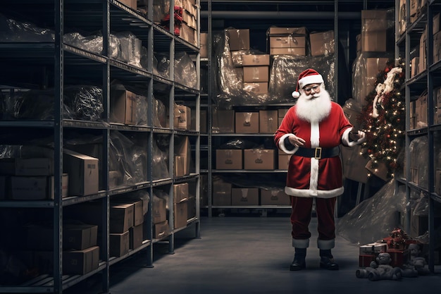 Papá Noel en su mágico almacén de regalos de Navidad espacio de copia vacío