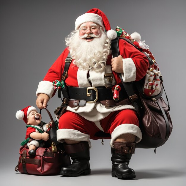 Foto papá noel con su tela roja listo para entregar los regalos a los deseos feliz papá noel con bolsas enormes