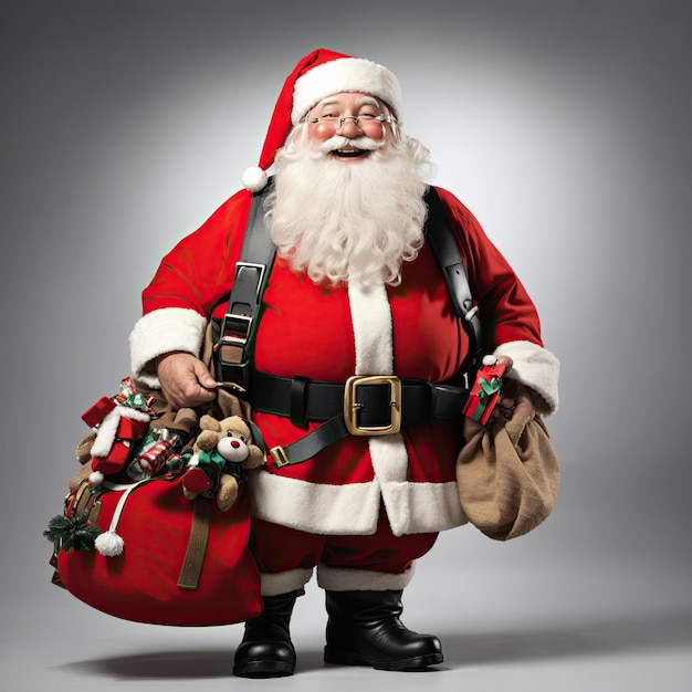 Papá Noel con su tela roja listo para entregar los regalos a los deseos Feliz papá Noel con bolsas enormes