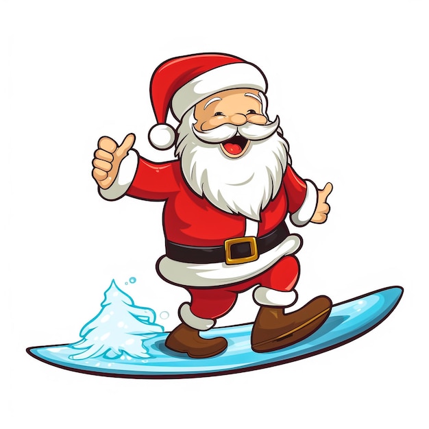 Foto papá noel surfeando en tema de verano en ilustración de fondo blanco