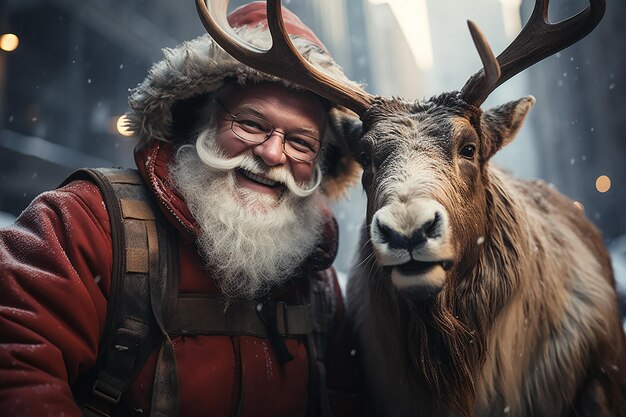 Papá Noel y sus renos toman una foto selfie juntos en la ciudad