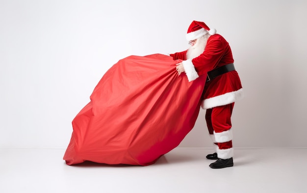 Foto papá noel tirando de una enorme bolsa de regalos aislado en un fondo blanco ia ia generativa