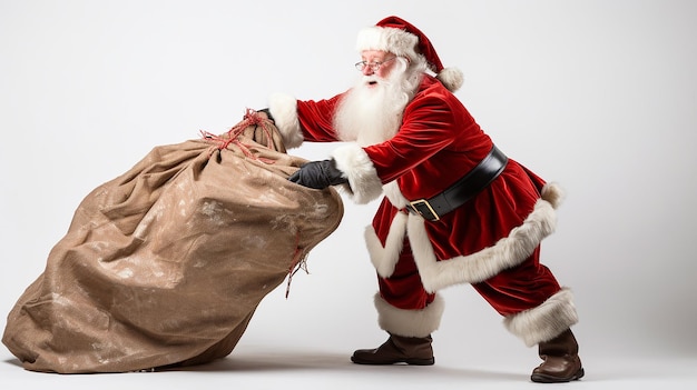 Papá Noel tirando una enorme bolsa de regalos aislados sobre fondo blanco.