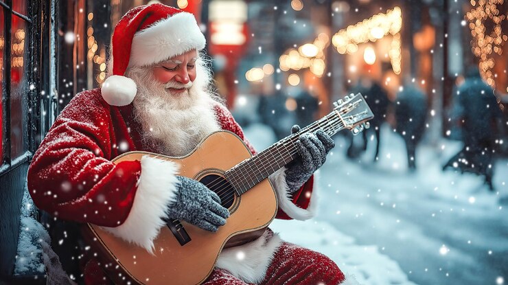 Un Papá Noel toca una guitarra acústica en un frío día de invierno Generativo Ai