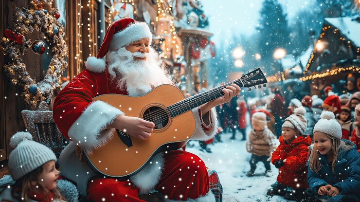 Un Papá Noel toca una guitarra acústica en un frío día de invierno Generativo Ai