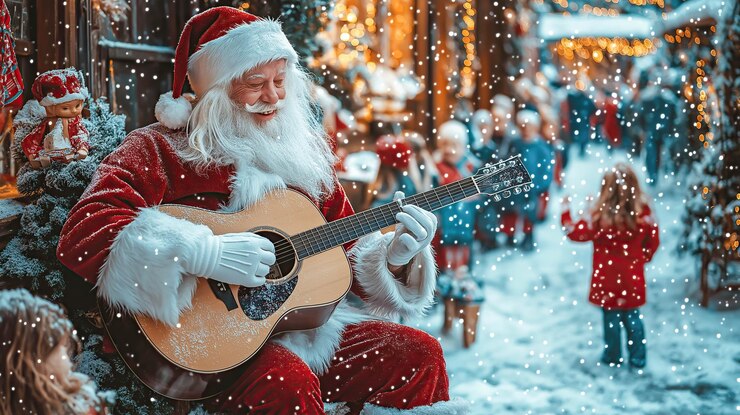 Un Papá Noel toca una guitarra acústica en un frío día de invierno Generativo Ai