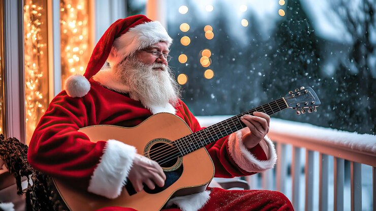 Un Papá Noel toca una guitarra acústica en un frío día de invierno Generativo Ai