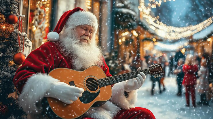 Un Papá Noel toca una guitarra acústica en un frío día de invierno Generativo Ai