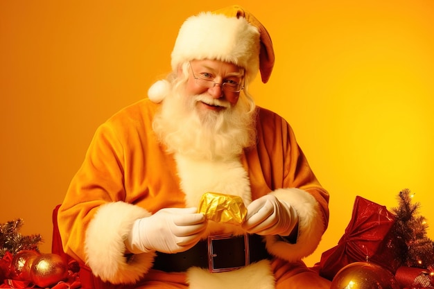 Papá Noel con un traje amarillo sosteniendo un regalo amarillo aislado en un fondo amarillo