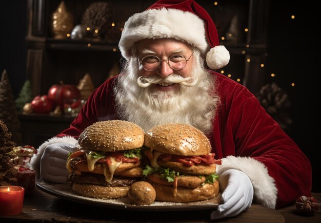 Papá Noel en traje festivo rojo comiendo comida rápida comida chatarra no saludable