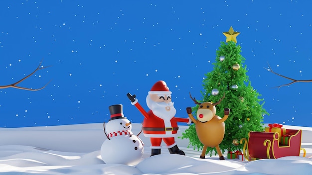 Papá Noel con trineo cerca de muñeco de nieve y caja de regalos de árbol de Navidad Feliz Año Nuevo y Feliz Navidad tarjeta de felicitación 3D renderizado