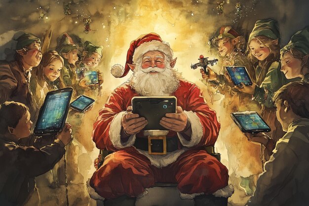 Papá Noel usando una tableta rodeado de elfos usando tabletas