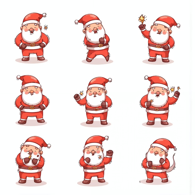 Papá Noel en varias posturas festivas celebrando la Navidad