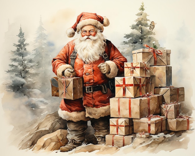 Papá Noel vintage con cajas de regalo