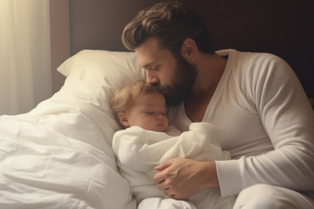 Papá pone al bebé en la cama, lo besa antes de ir a la cama en una cama blanca