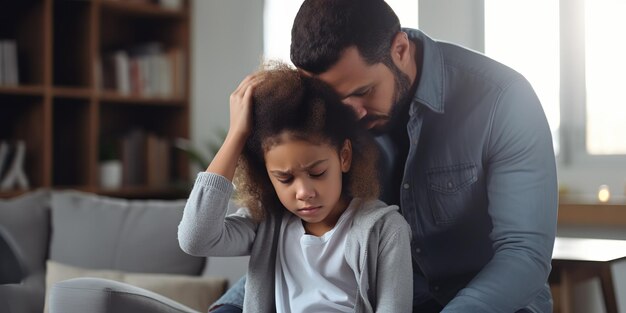 Papá preocupado comprueba la temperatura de la frente de una hija enferma sentada en el sofá de casa