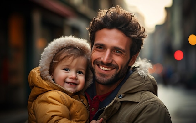 Papá sonriente y amoroso con una linda IA de niño