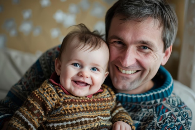 Papá sonriente con un bebé lindo y feliz en casa Momento de paternidad para los padres IA generativa