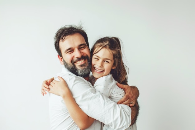 Papá sosteniendo a su hija pequeña en casa sonriendo y divirtiéndose Feliz Día del Padre