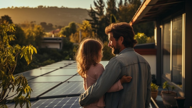 papá sosteniendo a su niña en brazos y mostrándose en su casa con paneles solares instalados Recursos alternativos de ahorro de energía y concepto de estilo de vida sostenible