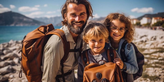 Papá con su hijo y su hija con una mochila en una caminata cerca del mar Viaje familiar IA generativa