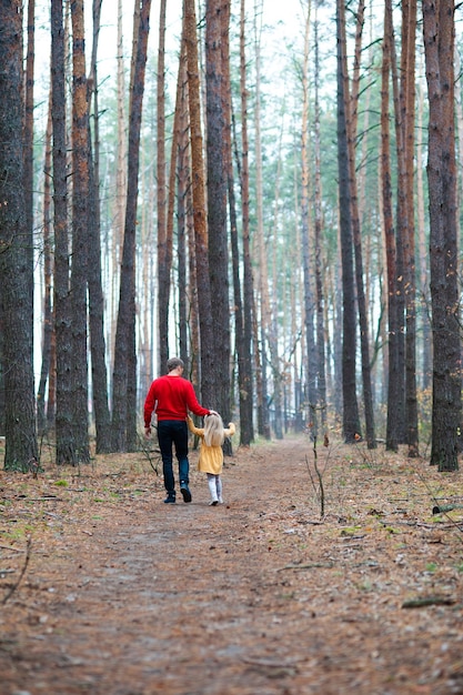 Papa und Mama mit ihrer Tochter gehen im Herbst im Wald Familie in der Natur