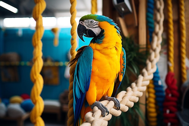 Foto papagaio amarelo azul sentado na corda