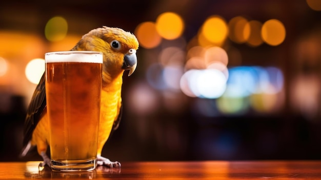 papagaio amarelo bebendo meio litro de cerveja