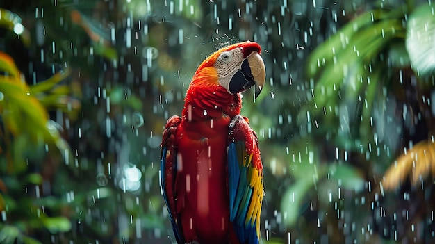 Papagaio-ara-vermelho e azul de pé na chuva