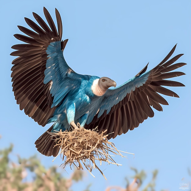 Papagaio azul voador com ninho