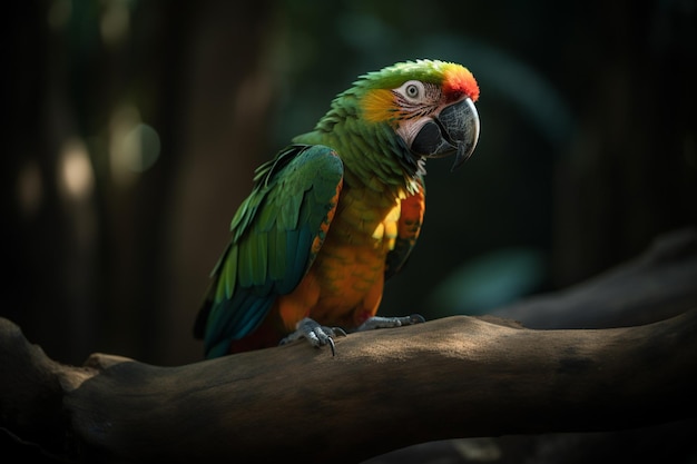 Papagaio brilhantemente colorido empoleirado em um galho em uma floresta escura generativa ai