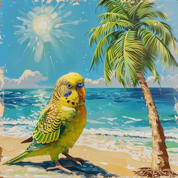 Papagaio Budgerigar sentado na praia sob uma palmeira