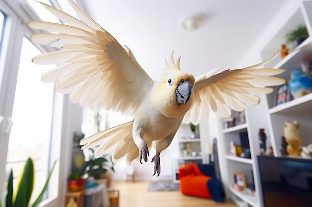 Papagaio cacatu com asas abertas voando na sala de estar