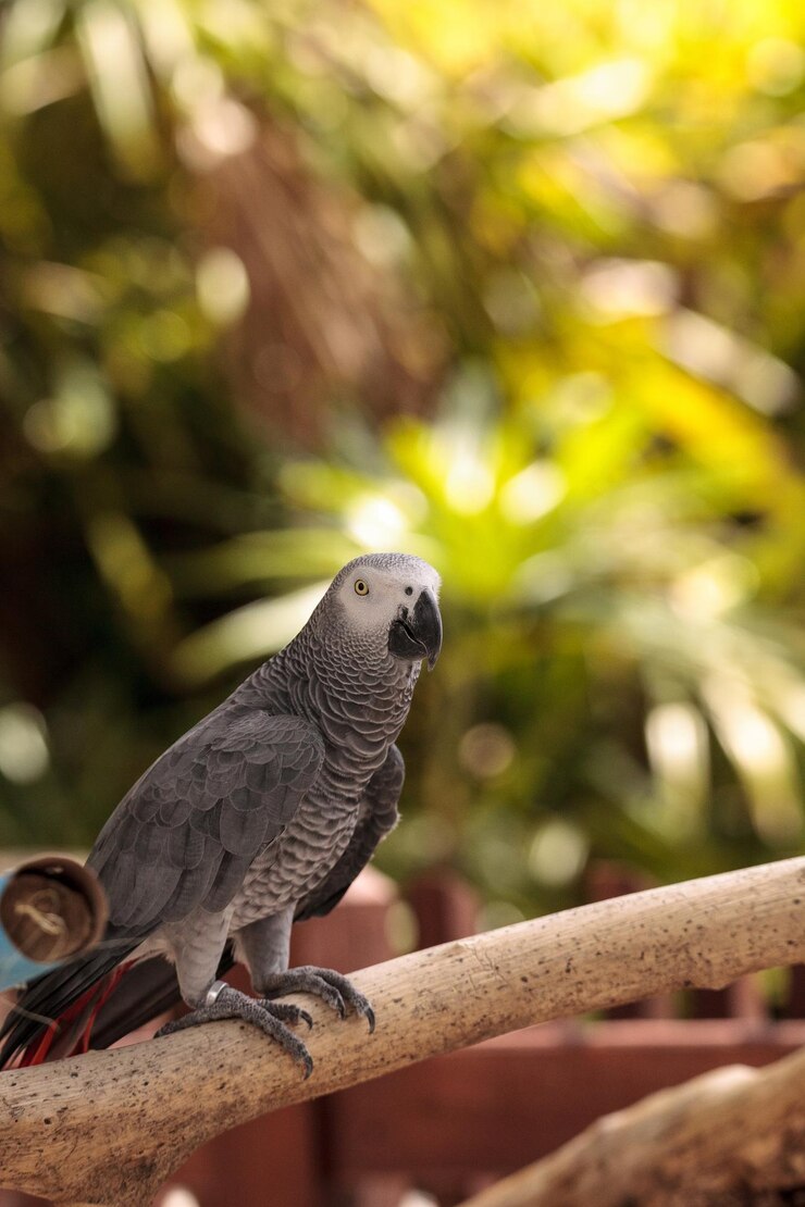 Foto papagaio cinza africano de estimação psittacus erithacus percha em madeira brincar ginásio
