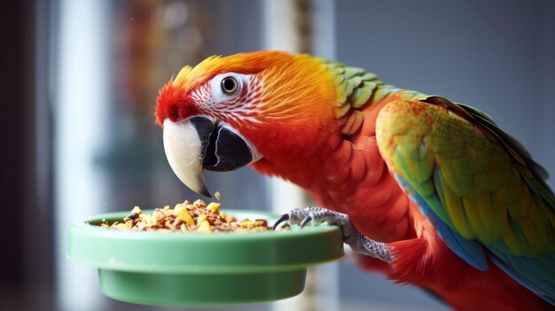 Foto papagaio colorido comendo comida de uma tigela