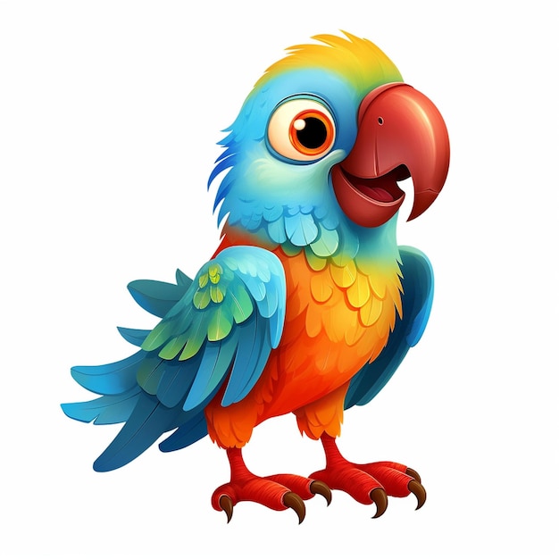 Papagaio colorido de desenho animado com olhos grandes e bico brilhante